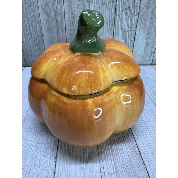 Vtg Ceramic Orange Pumpkin Jar with Lid 5" DIA Tien Hsing Int'l Trading Co. - Picture 2 of 12